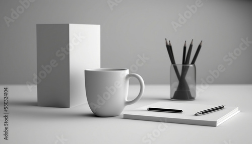 simple desk in black and white with coffecup photo