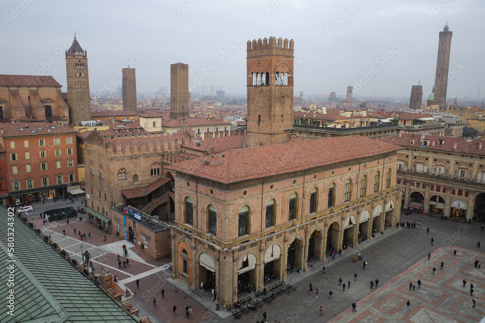 Bologna, Italy - 16 Nov, 2022: Cityscape views over the towers and rooftops of Bologna