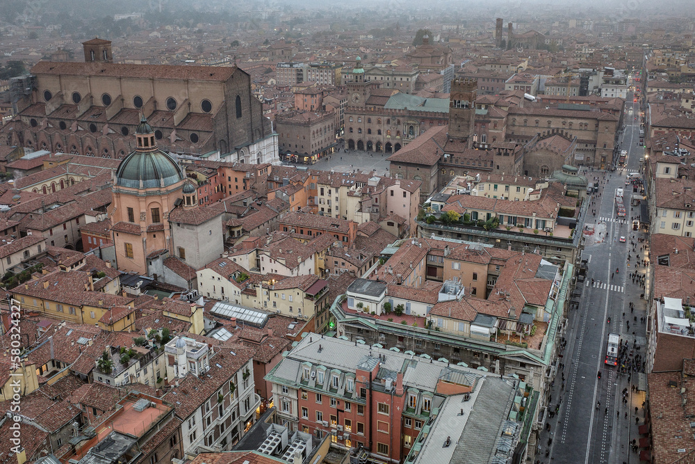 Bologna, Italy - 16 Nov, 2022: Cityscape views over the towers and rooftops of Bologna