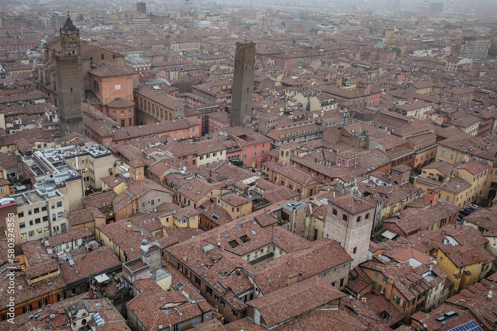 Bologna, Italy - 16 Nov, 2022: Cityscape views over the towers and rooftops of Bologna