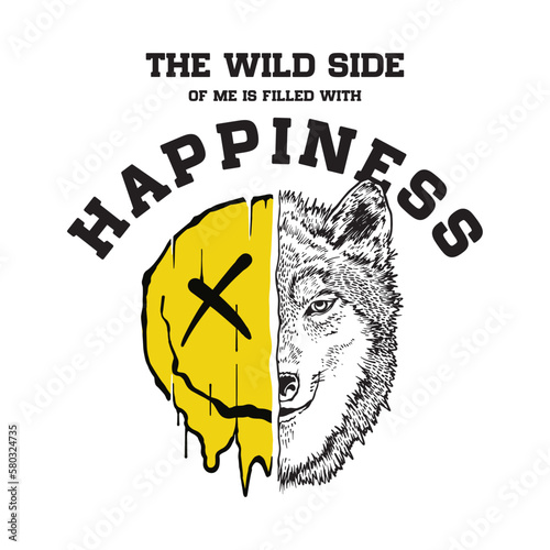 An illustrated wolf and happy face icon with hand drawn style, featuring slogans that evoke outdoor adventure, free spirit, and wildlife