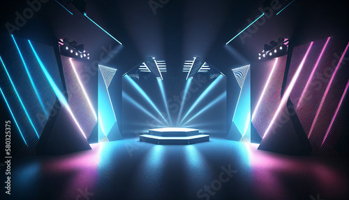 stage spotlight with lights, abstract neon background with diagonal line lamps glowing with blue and yellow light, Empty studio with perspective view for performance show