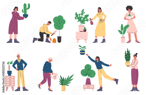 Cartoon happy people care room plants. Green cozy environment. Interior houseplants. Flowers growing in pots. Persons planting cactus and ficus in flowerpots. Vector home gardening set