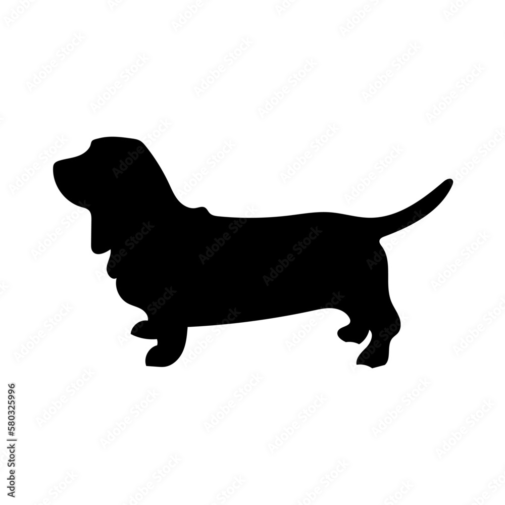 Basset Hound Silhouette. Vector Silhouette of Animal on White Background