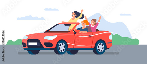 Cheerful girlfriends riding in convertible on road. Happy young women group. Girl driving red car. People traveling by automobile. Summer vacation. Joyful friends in vehicle. Vector concept