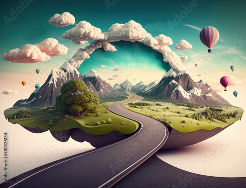 3d illustration of road with beautiful landscape floating. AI generative