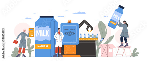 Dairy products production industry. Cartoon people work on automatic conveyor. Pasteurization process. Packaging of bottled milk. Food processing. Agriculture technology. Vector concept