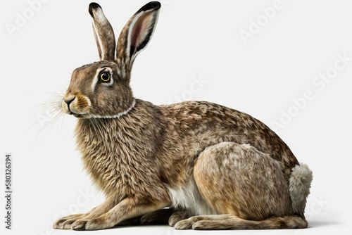Fotografia Realistic artwork of the European hare (Lepus europaeus) for an animal encyclopedia, isolated on a white backdrop