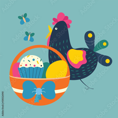 Easter basket with eggs  bow and cupcake  funny bird  chicken.