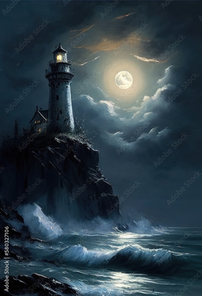 Lighthouse on a cliff at night. Full moon. Oil painting.
Generative AI art.
