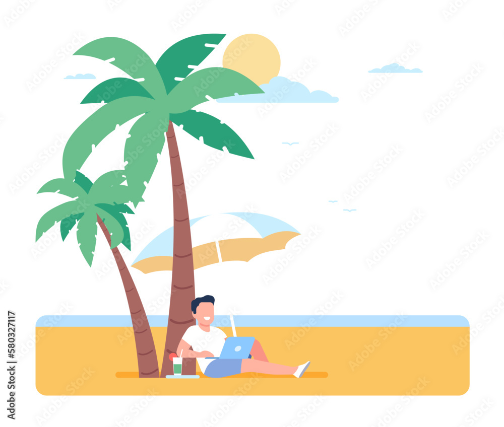 Freelance man working with laptop on beach. Remote job. Happy male entrepreneur relaxing under palms and umbrella. Summer vacation. Freelancer lying on sea shore sand. Vector concept