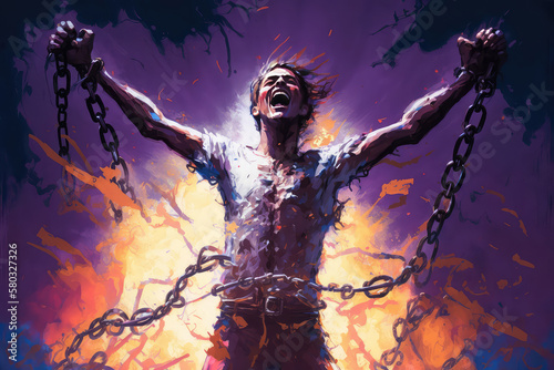 illustration painting of woman breaking free from chains, representing the liberation from constraints and the power of self-determination (ai generated)