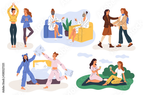 Girlfriends having fun. Joint friendly pastime. Cute girls do yoga. Face skin care. Pillow fight. Female relationships. Friends pajamas party. Park picnic. Women meeting. Garish vector set