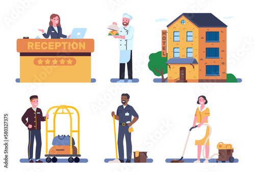 Hotel staff. Hospitality service. Receptionist at reception desk. Maid woman with vacuum cleaner. Man mopping floor. Chief cook in uniform. Porter and concierge. Vector motel workers set