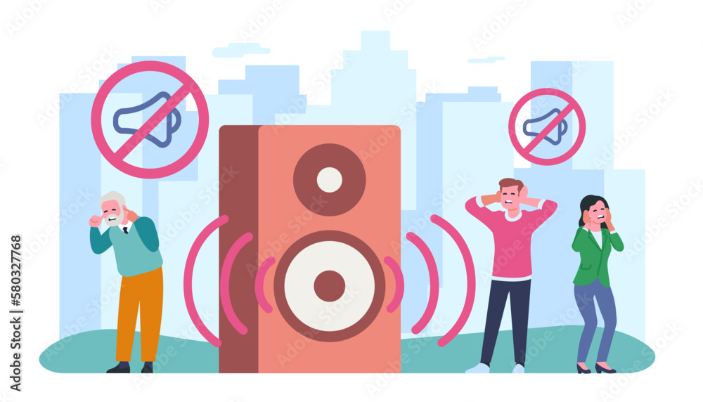 Loud urban sound and people suffering from noise. Noisy audio speakers. Forbidden megaphone symbol. Angry men and women close ears. Annoyed persons hearing honk signals. Vector concept Loud urban sound and people suffering from noise. Noisy audio speakers. Forbidden megaphone symbol. Angry men and women close ears. Annoyed persons hearing honk signals. Vector concept