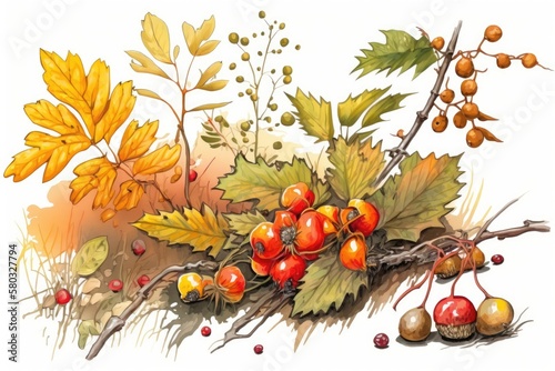 On a white background, there are berries, leaves, and mushrooms. Illustration in watercolor Autumn Forest Scenery Rosehip Tree in its Natural State the hues of yellow, red, and brown anime style berri photo