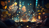 Magical iridescent crystals in dark mystery forest