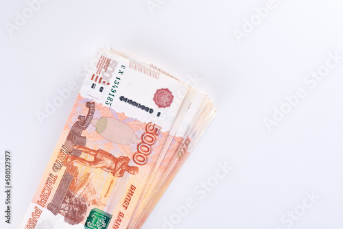 Russian rubles five thousandth banknotes, stack of money on white background