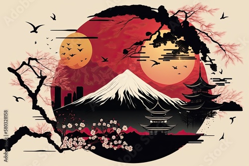 tokio line art, Japan, japanese culture, landscape fuji scenery, pagoda, AI generated art, Wall art, wallpaper frame art, painting, water color