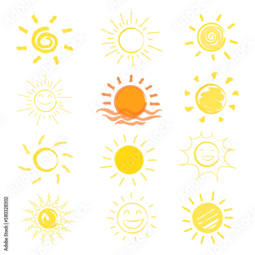 sun icons hand drawn collection isolated on white background. summer time concept. vector illustration
