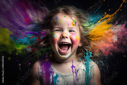 Smiling girl with an explosion of joyful colors. Generate by ai