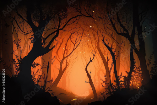 Wildfire  forest burning  4k digital painting. Illustration of trees that burn. Wild flames raging trough the environment. Background  wallpaper. Red flames  ai generated 