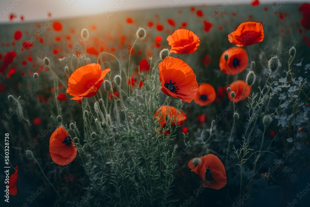 Obraz premium Red poppy in a green grass field, Beautiful spring landscape. Generative AI