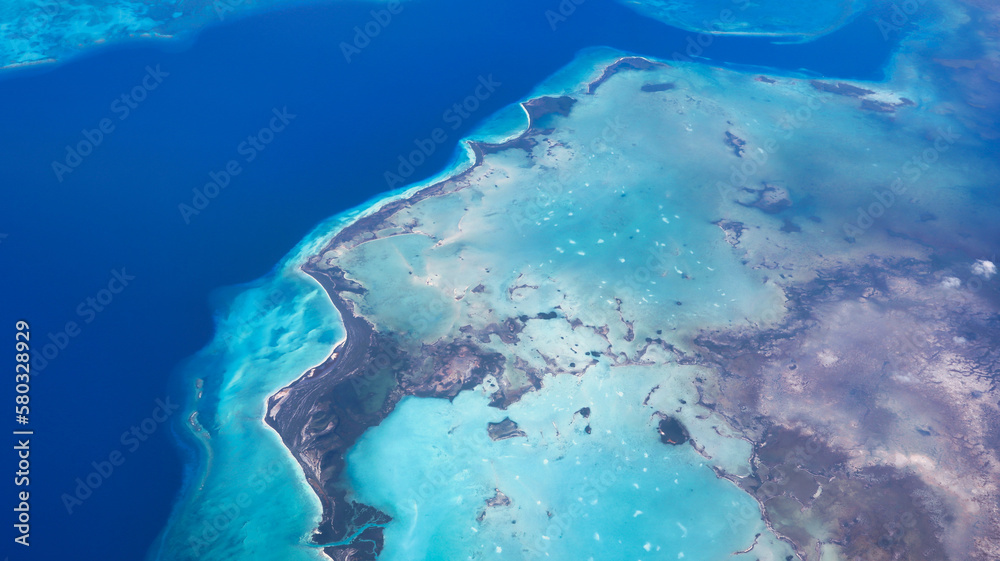 Aerial view of the Caribbean country Bahamas looking down on the Caribbean Sea and the beautiful islands of the tropics 