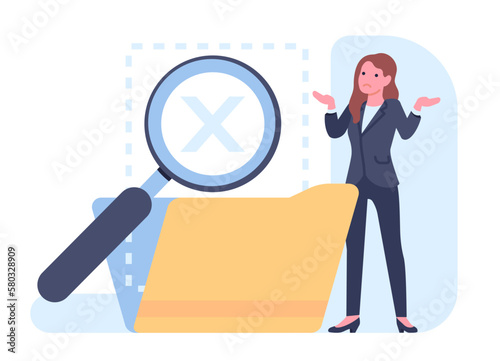 No data. Empty file folder. Not found information. Confused office worker. Searching documents with magnifying glass. Archive storage. Missing papers. Finding malfunction. Vector concept