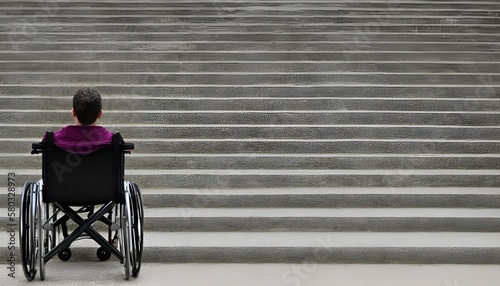 Wheelchair standing in front of some stairs. architectural barrier, lack of accessibility. generate by ai