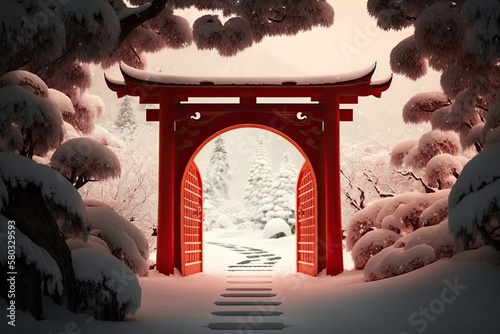 Snowy red gate open with inside light. Asian temple architecture, isolated on a crimson backdrop. Concept of a fresh start and welcome. Generative AI