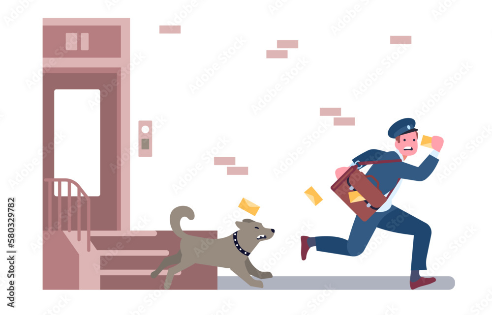 Postman running away from angry guard dog. Postal worker escaping from domestic animal. Aggressive puppy barking and chasing mailman. Letter envelopes delivery. House porch. Vector concept