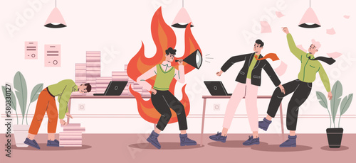 Tense office atmosphere. Angry boss yells at subordinates. Stressed employees. Manager in fire shouting into loudspeaker. Depressed panicking people. Exhausted workers. Vector concept