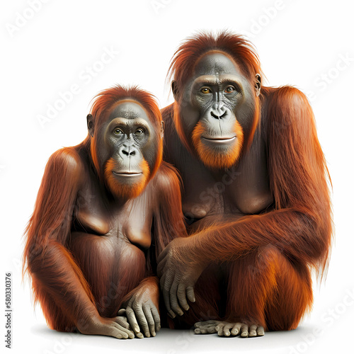 Orangutans (Pongo) primate genus of the great ape family (Hominidae), white background, AI generated