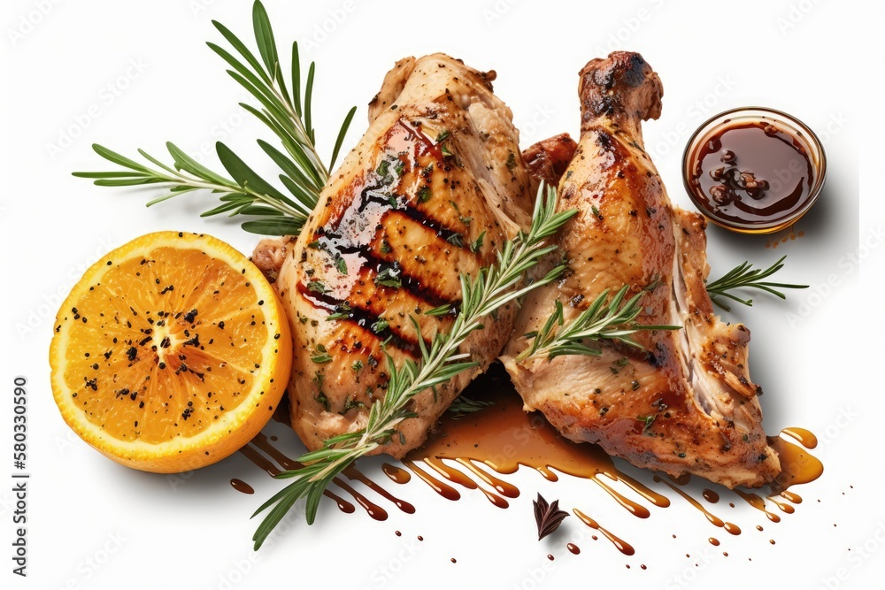 Φωτογραφία Half portions of tasty grilled chicken with a golden brown exterior and juicy inside are served with lemon slices, barbecue sauce, and rosemary