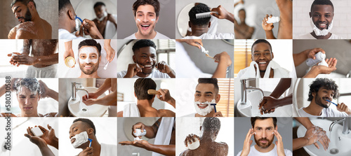 Cheerful millennial multiethnic men brush teeth, apply cream and deodorant, enjoy daily routines, shave