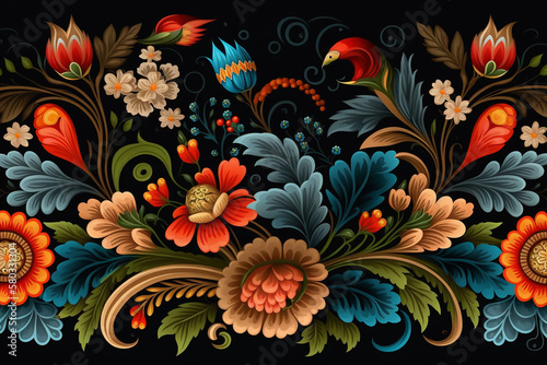 Colorful ethnic floral embroidery design, perfect for cultural motifs and decorative textile prints.