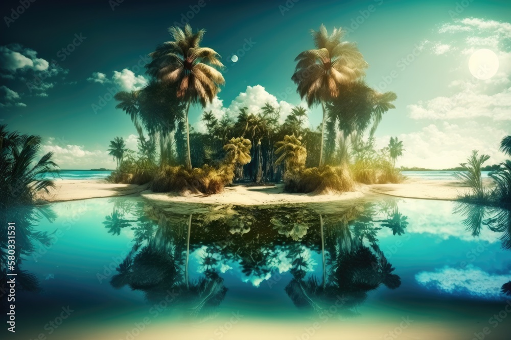 natural idea at a beach. Lake Palm Beach Sunshine filled tropical paradise island. exotic setting. Generative AI natural idea at a beach. Lake Palm Beach Sunshine filled tropical paradise island. exotic setting. Generative AI