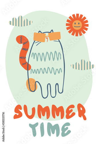 Slogan SUMMER TIME in retro style with cat in sunglasses. Perfect print for tee  poster  card  sticker. Vector illustration.