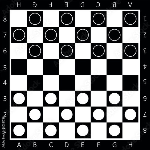 Chess boards on black and white background. Draughts, game with pieces in black and white. Vector illustration.