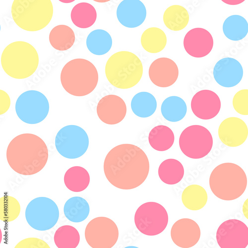 Vibrant seamless repeating pattern of green, yellow, orange, pink bubbles for printing on clothes, bags, cups, wallpapers, postcards, wrappers and other surfaces