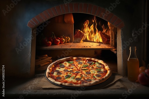 Pizza in front of a wood-fired oven as a digital illustration (Generative AI)