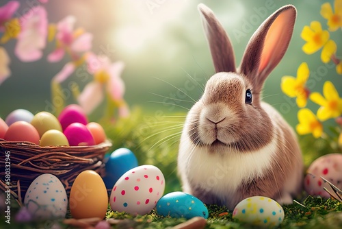 Easter Bunny - Decorated Eggs And Cute Rabbit In Sunny Spring Meadow With Defocused Abstract Lights, generative ai © OP38Studio