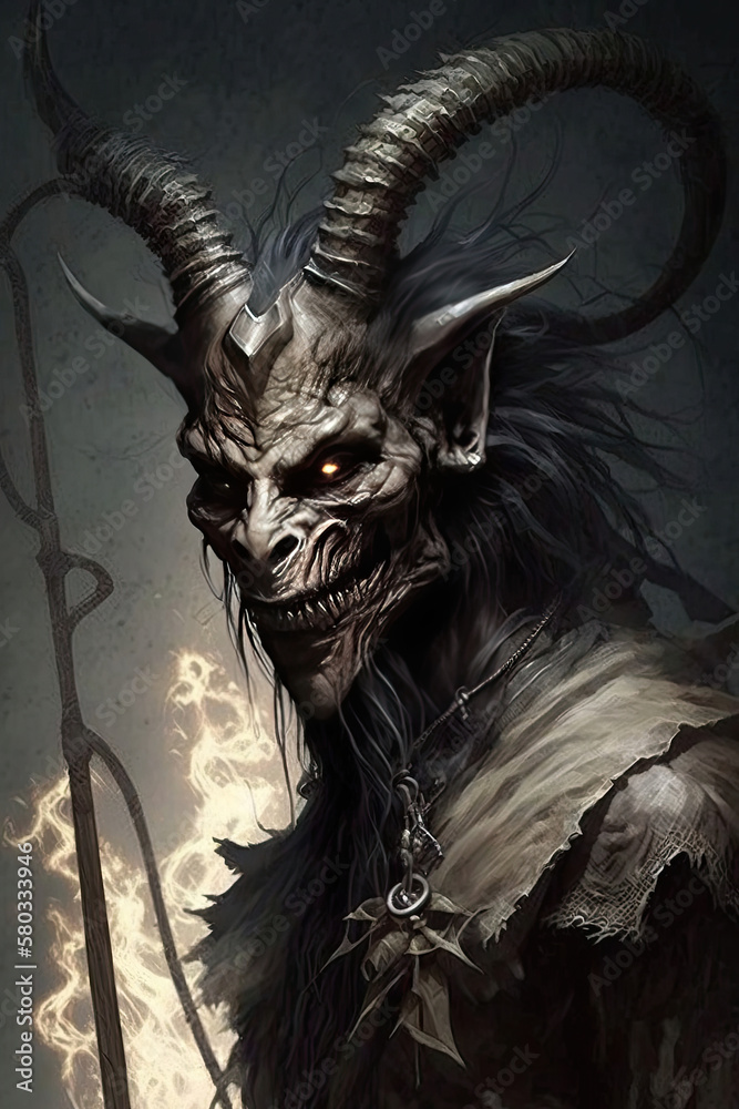 Fototapeta premium heard dämon from hell, glowing eyes, tattered clothes, consists only of skin and bones