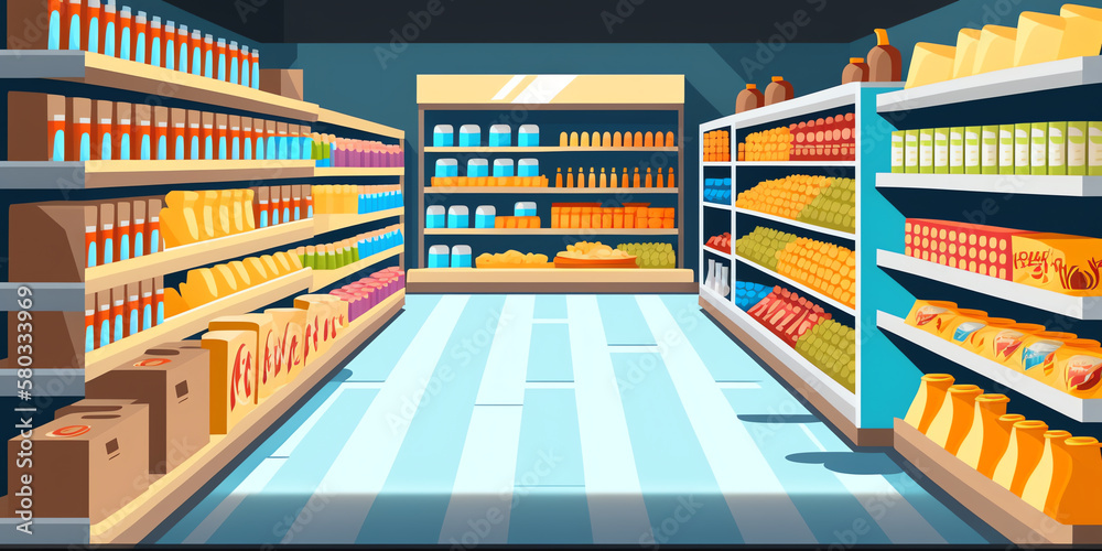 Aisle in grocery store and shelves with food vector background. Supermarket interior background perspective view. Merchandise in supermarket with display shelf full of products to buy. Generative AI.