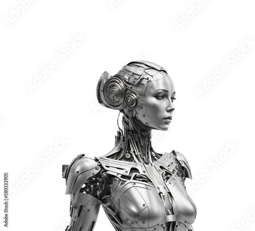 Robot woman in white background. Created with generative Ai technology. (ID: 580333905)