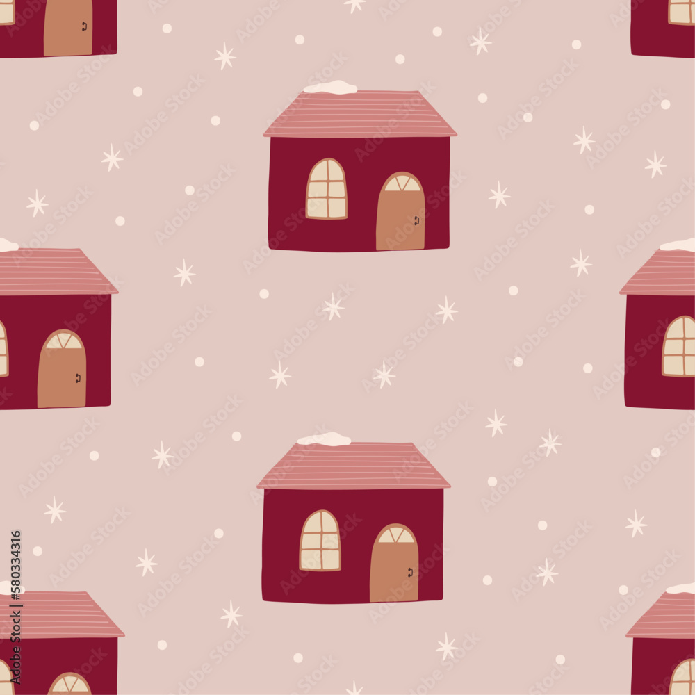 Naklejka premium Winter seamless pattern of cute house with stars
