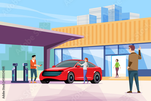 Electric vehicle charging station that supports urban life. People use modern electric vehicle charging station. Concept of living in urban society. green energy concept, vector illustration