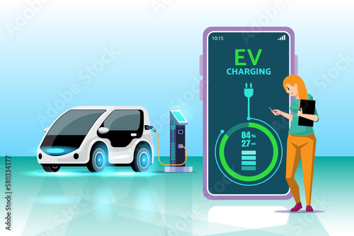 Mobile application that tells the charging status of the electric vehicle. mobile application for EV car management. Concept of electric vehicle charge.