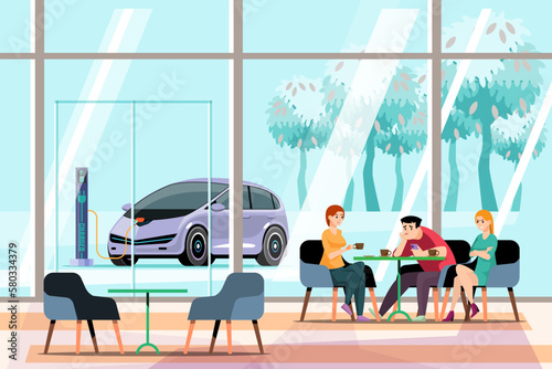 People charging electric cars while spending time in a restaurant, coffee shop. Electric vehicle charging station that supports urban life. Concept of living in urban society. green energy concept, ve